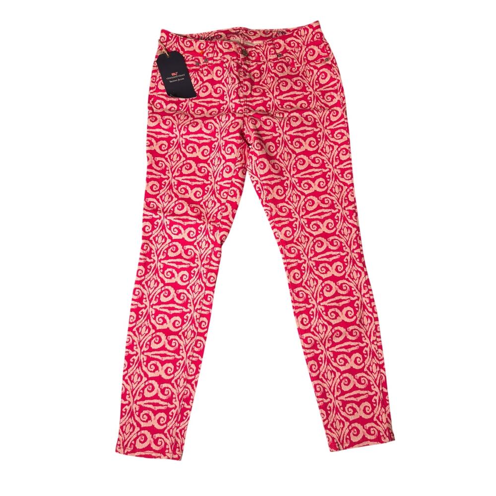 Vineyard Vines Skinny Jeans Women Sz 8 Pink Tile Print Stretch Denim NWT